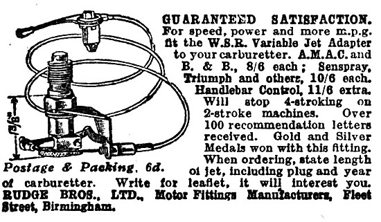 Rudge Brothers - W.S.R. Patent Variable Carburetter Jet Adapter  