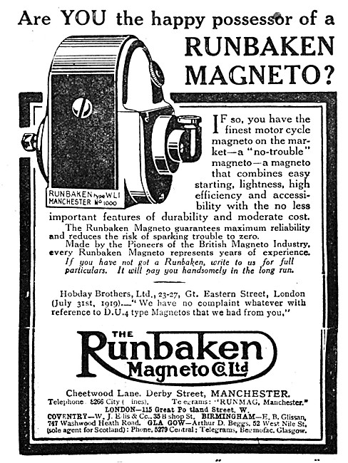 Runbaken Magnetos 1920 Advert                                    