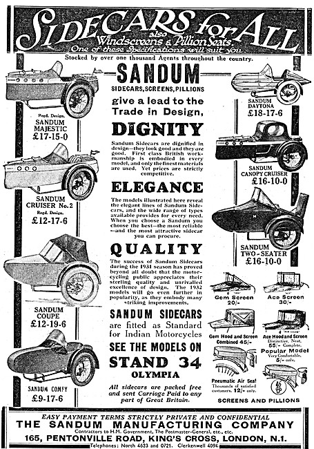 The Full Range Of Sandum Sidecars For 1931 With Prices           