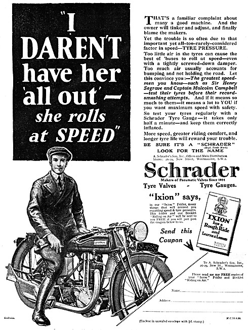 Schrader Tyre Valves - Schrader Tyre Pressure Gauges 1930        