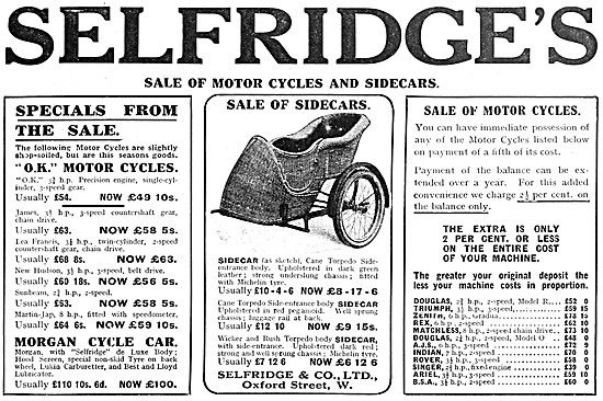 Selfridges Motor Cycle & Sidecar Sales 1913 Advert               