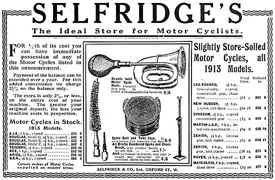 Selfridges Motor Cycle Parts & Accessories. 1913 Catalogue Items 