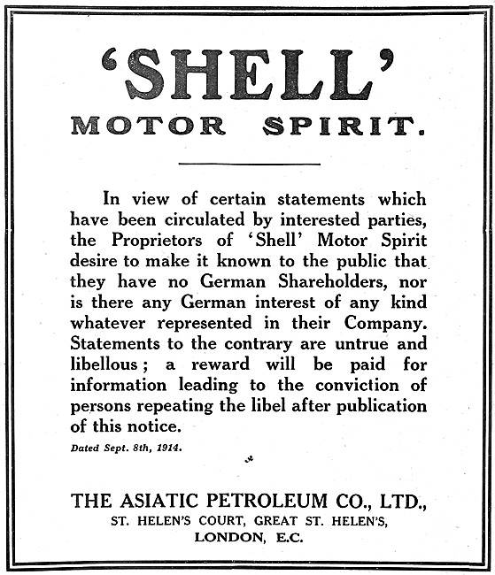 Shell Motor Spirit 1914 Advert                                   