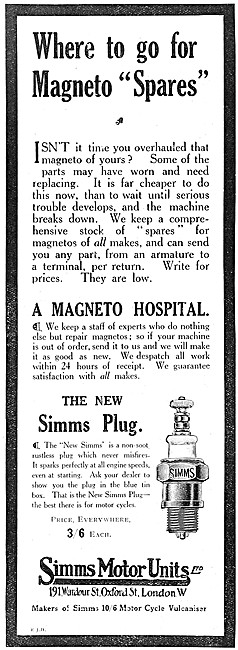 Simms Spark Plugs - Simms Magnetos 1914                          