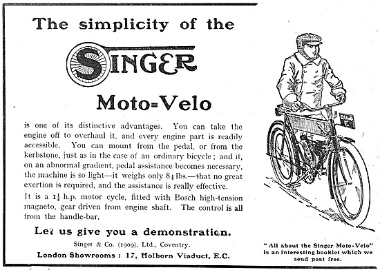 Singer Motor Cycles - 1910 Singer Moto-Velo                      