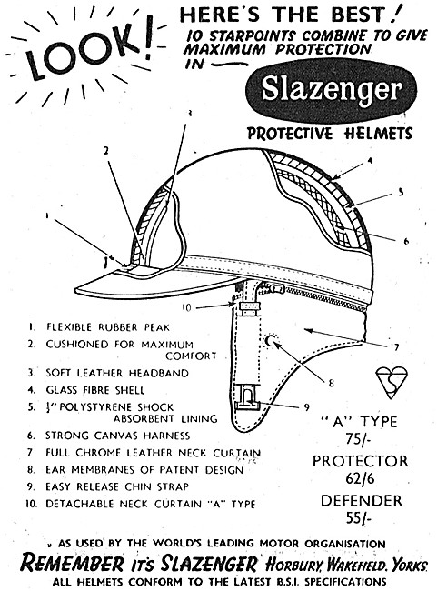 Slazenger Motor Cycle Protective Helmets 1956 Pattern            