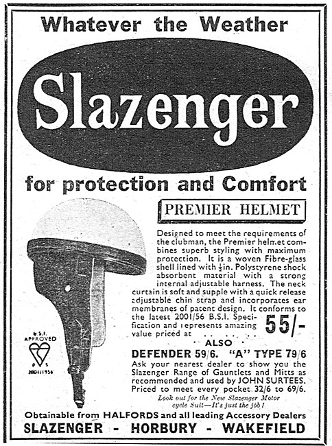 Slazenger Premier Motor Cycle Helmet 1957 Advert                 
