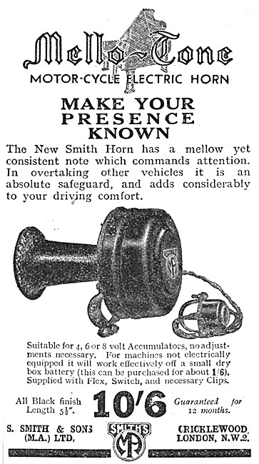 SmithsMello Tone Motor Cycle Electric Horn 1929 Advert           