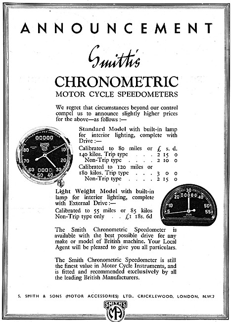 Smiths Motor Cycle Speedometers 1940 - Chronometric              