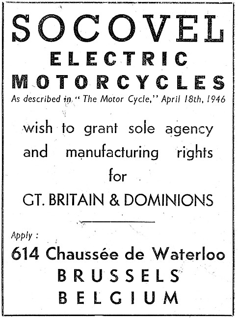 1946 Socovel Electric Motor Cycles                               