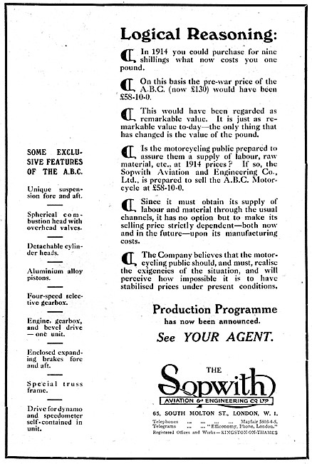 1920 Sopwith ABC Motor Cycles                                    