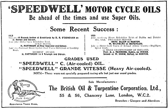 Speedwell Motor Cycleww Oils - Speedwell C Oil 1920 Advert       