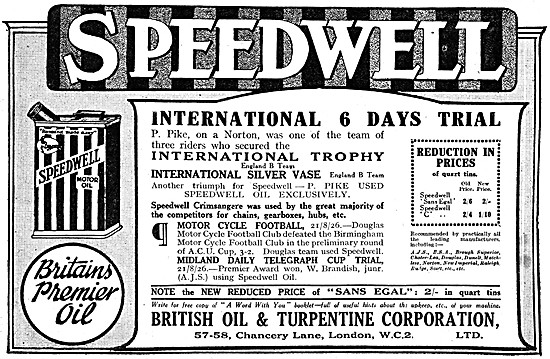 Speedwell Motor Oil 1926 Advert                                  