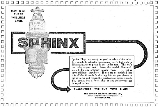 Sphinx G-53 Motor Cycle Spark Plug 1914 Specification            