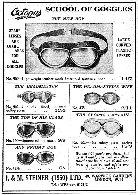 Octopus Range Of Motor Cycle Goggles 1952                        