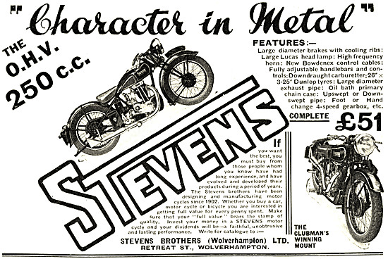 1934 Stevens 250 cc OHV  Motor Cycle                             