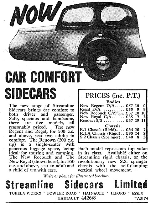1960 Streamline Regent Sidecar + 1960 Range Details              