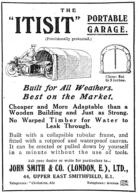 1920 John Smith ITSIT Portable Motor Cycle Garage Advert         