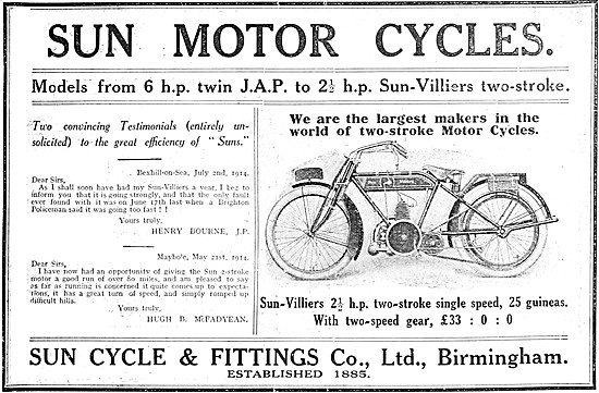 6 hp Sun JAP - Sun Two-Stroke Motor Cycles 1914                  