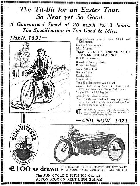 Sun Vitesse Motor Cycle & Sidecar Combination. 1921 Advert       