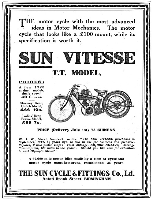 1921 Sun T.T. Model Motor Cycle                                  