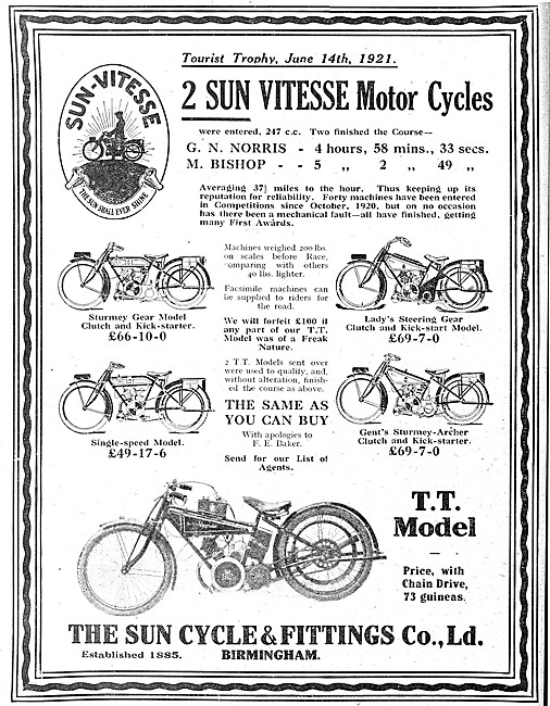 1921 Sun Vitesse Motor Cycle - SUN TT Model                      