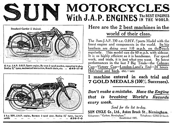 1926 Sun JAP 3.5 hp OHV Motor Cycle                              