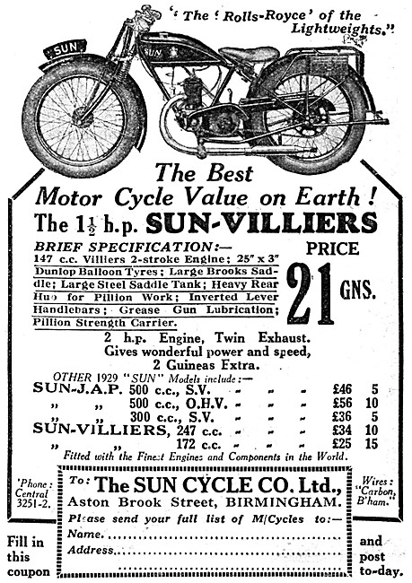 The 1929 Sun-Villiers 1.5 hp Motor Cycle                         
