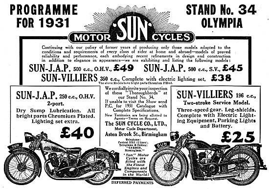 Sun-JAP 250 cc - Sun-Villiers 196 cc 1930 Advert                 