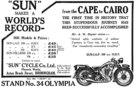 1930 Sun Cape-Cairo Record - 1931 Sun Motorcycle Models & Prices 