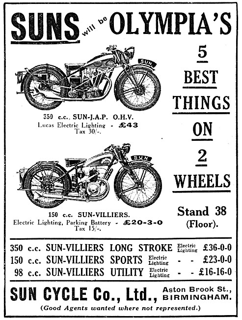 Sun-JAP 350 cc - Sun-Villers 150 cc Motor Cycles 1931 Advert     