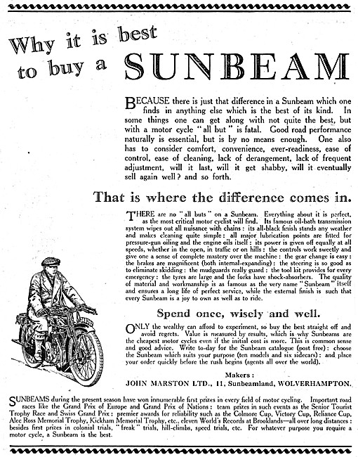 Sunbeam Motor Cycles 1927 Advert                                 