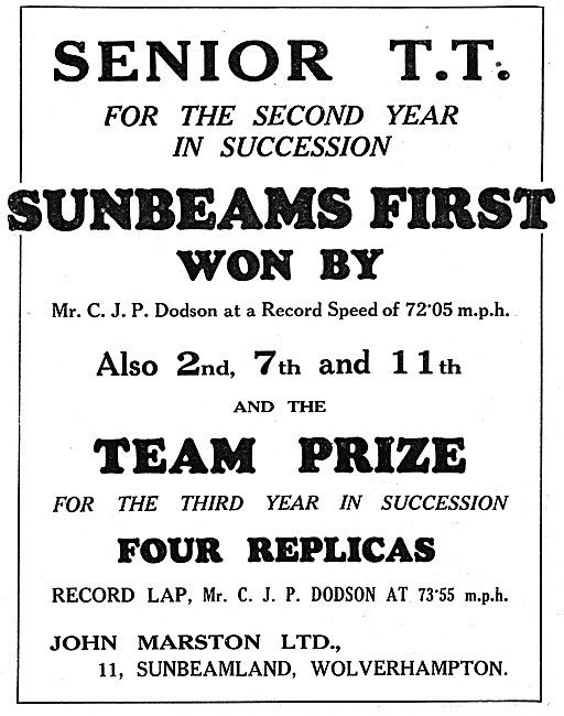 Sunbeam Motor Cycle TT Successes 1929                            