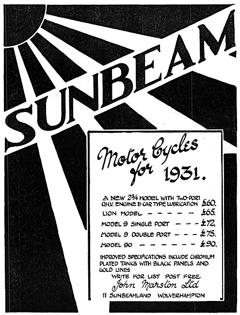 1931 Sunbeam Motor Cycle Models & Prices 1931                    