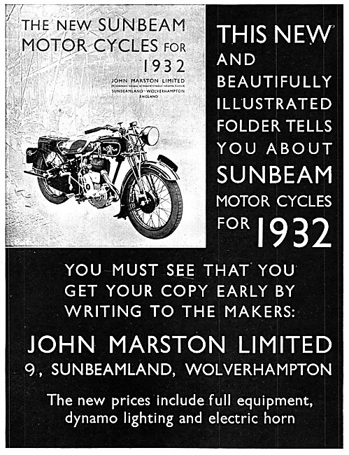 Sunbeam Motor Cycle Range For 1932                               