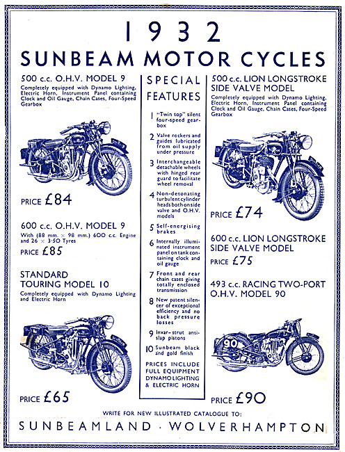 1932 Sunbeam Model 9 500 cc OHV & Model Range                    