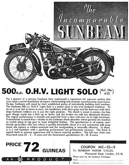 Sunbeam 500 cc Light Solo Motor Cycle - Sunbeam A25              