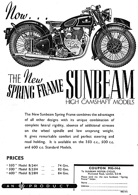 1939 Sunbeam Model B/25H 500 cc Motor Cycle                      
