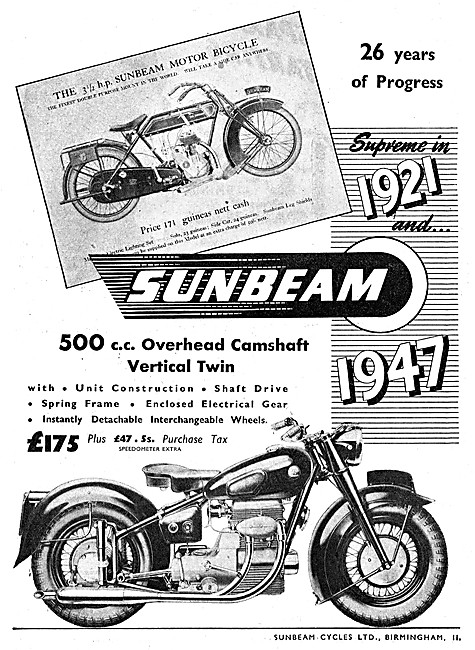 1947 Sunbeam 500 cc OHC Vertical Twin Motor Cycle                