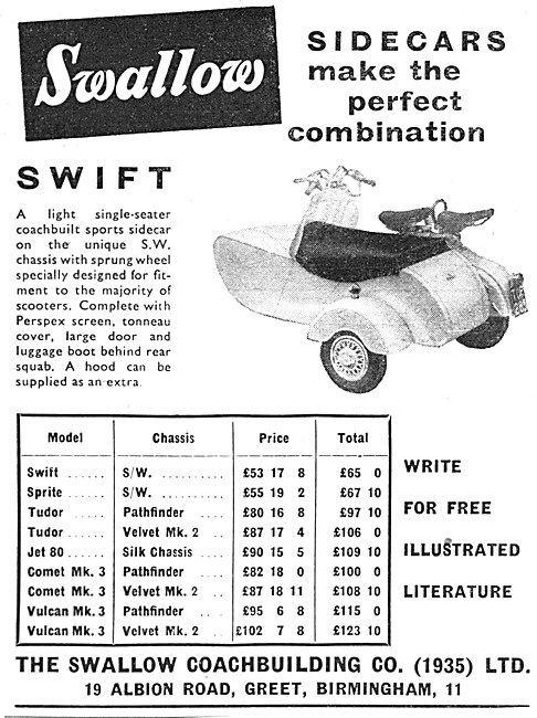 1959 Swallow Swift Scooter Sidecar                               