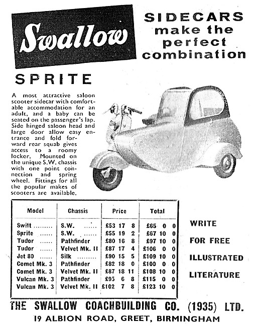 1960 Swallow Sprite Motor Scooter Sidecar                        
