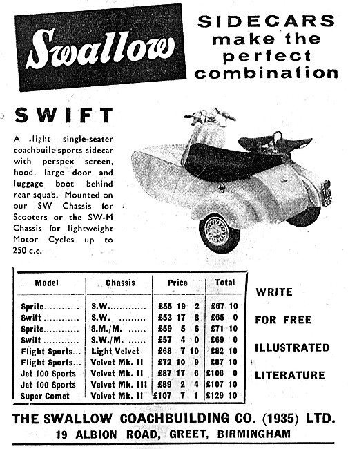 1961 Swallow Swift Motor Scooter Sidecar                         