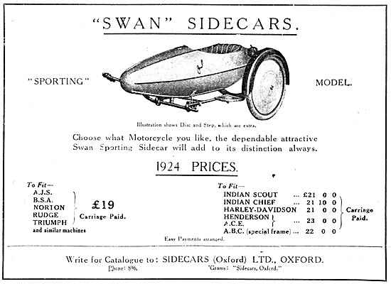 Swan Sidecars 1924 Models & Prices - Sawn Disc & Step Sidecar    