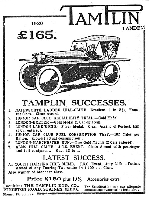 1920 Tamplin Tandem Light Car Advert                             