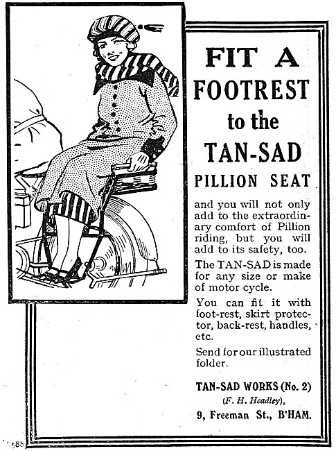 Tan-Sad Motor Cycle Pillion Seat & Footrest 1920 Advert          