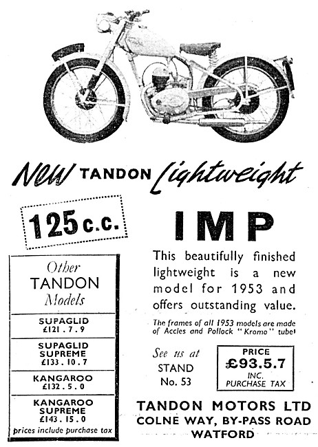 Tandon Imp 125 cc - Tandon Motorcycles 1952                      