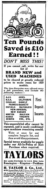 Taylors Motor Cycle Sales & Service 1928 Advert                  
