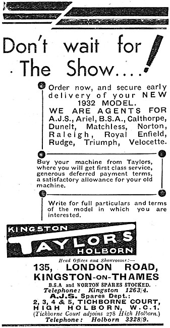 Taylors Of Kingston & Holborn Motor Cycle Sales. 1931 Advert     