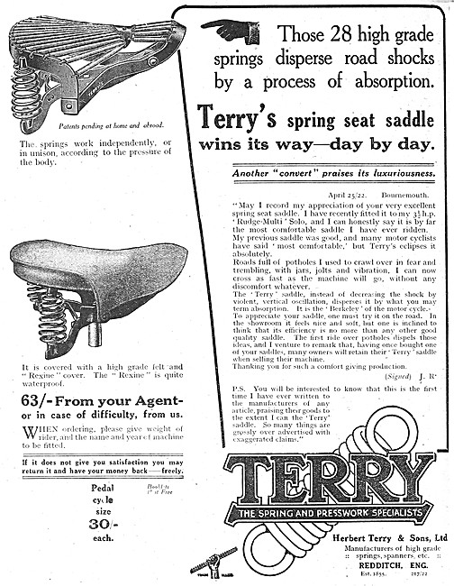 Terrys Spring Seat Motor Cycle Saddle 1922 Advert                