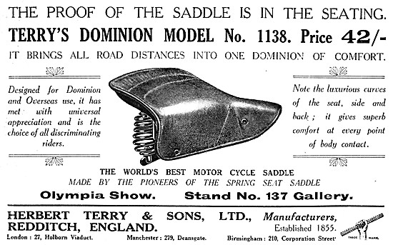 Terrys Dominion Model No.1138 Motor Cycle Saddle 1933            